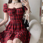 French Red Plaid Dress