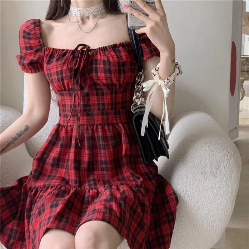 French Red Plaid Dress