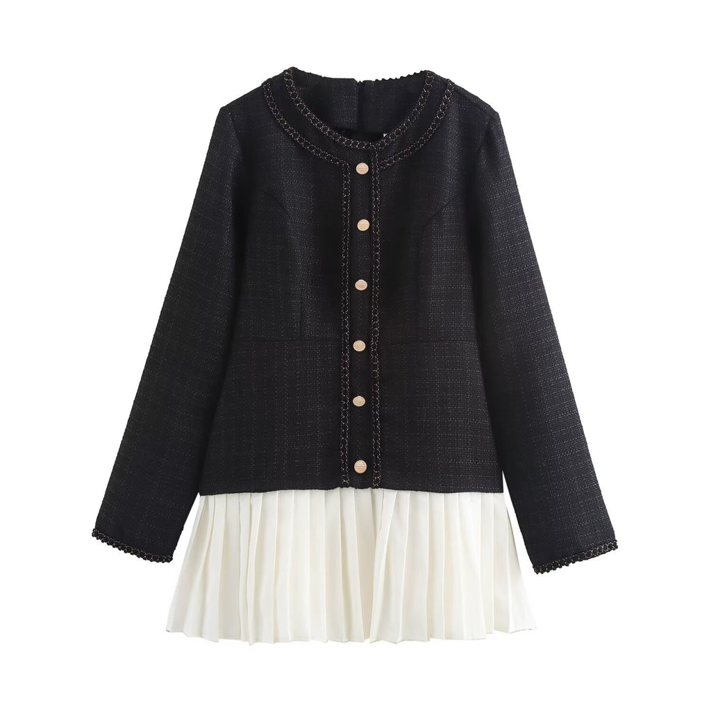 Retro Pleated Dress With Patchwork Stitching And Wide Waist