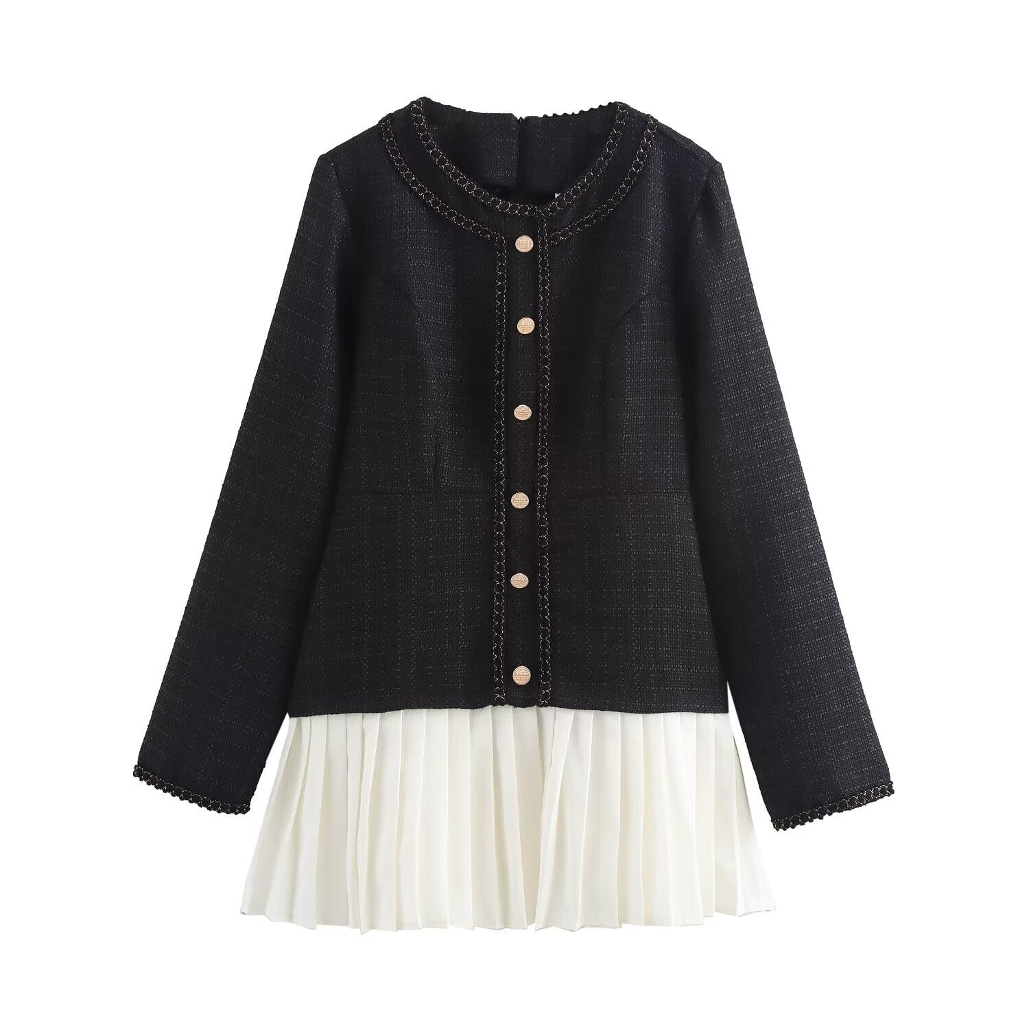 Retro Pleated Dress With Patchwork Stitching And Wide Waist