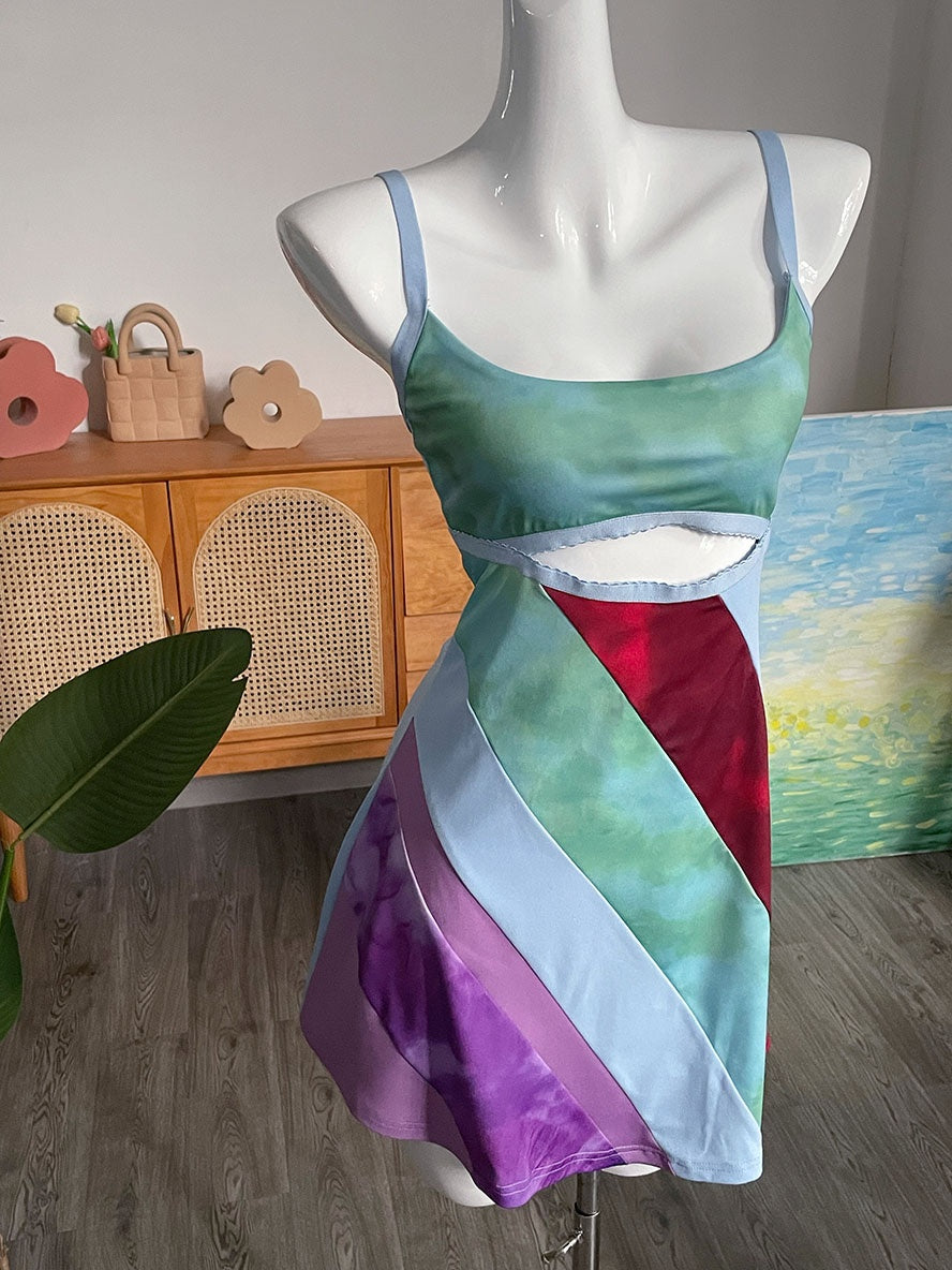 Y2K Aesthetic Patchwork Front Cut Out Stripe Spaghetti Strap Sexy Dress