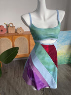 Y2K Aesthetic Patchwork Front Cut Out Stripe Spaghetti Strap Sexy Dress