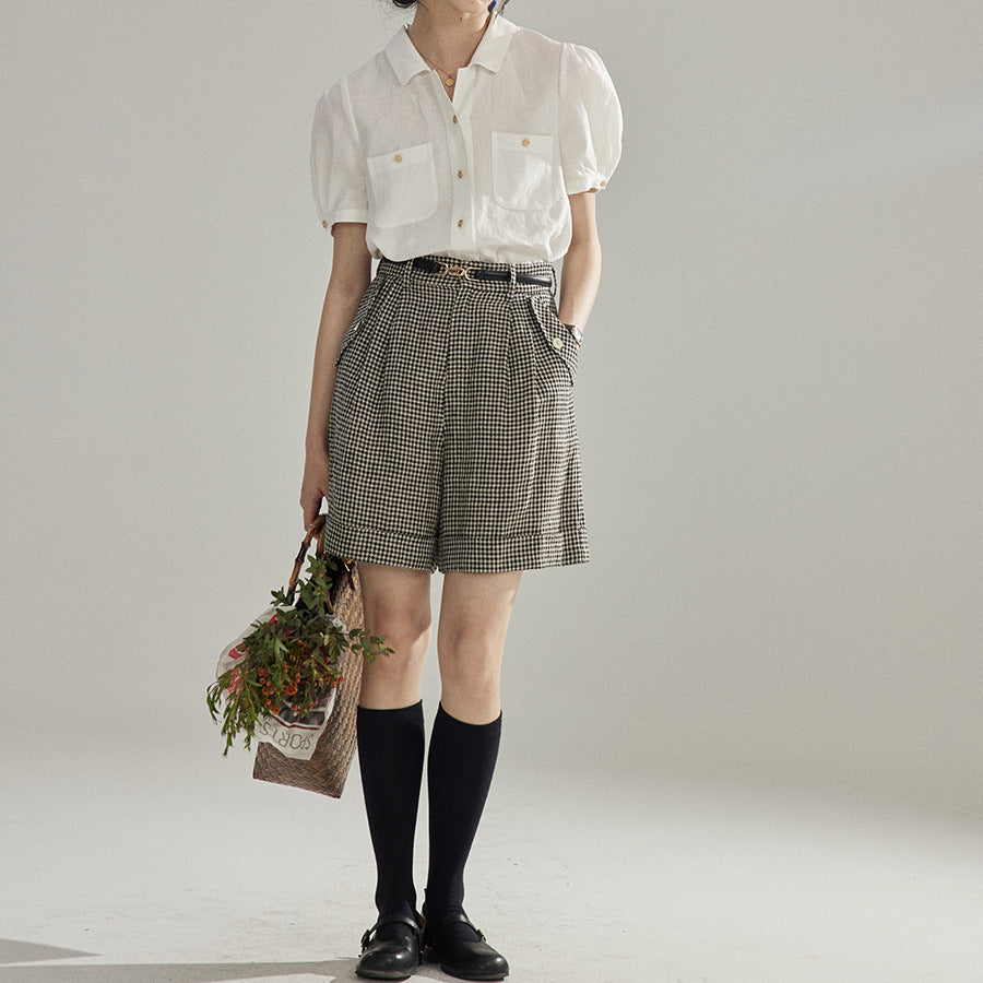 Vintage Puff Short Sleeve White Shirt Top With Lapel Collar Contrasting Stitching And Retro Charm