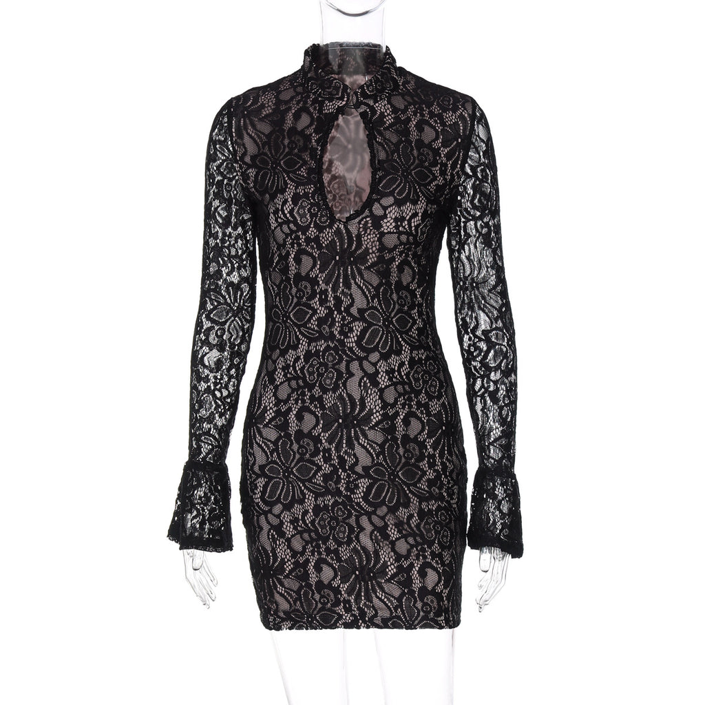 Lace Cutout Dress With High Waist And Button Details Midi Length