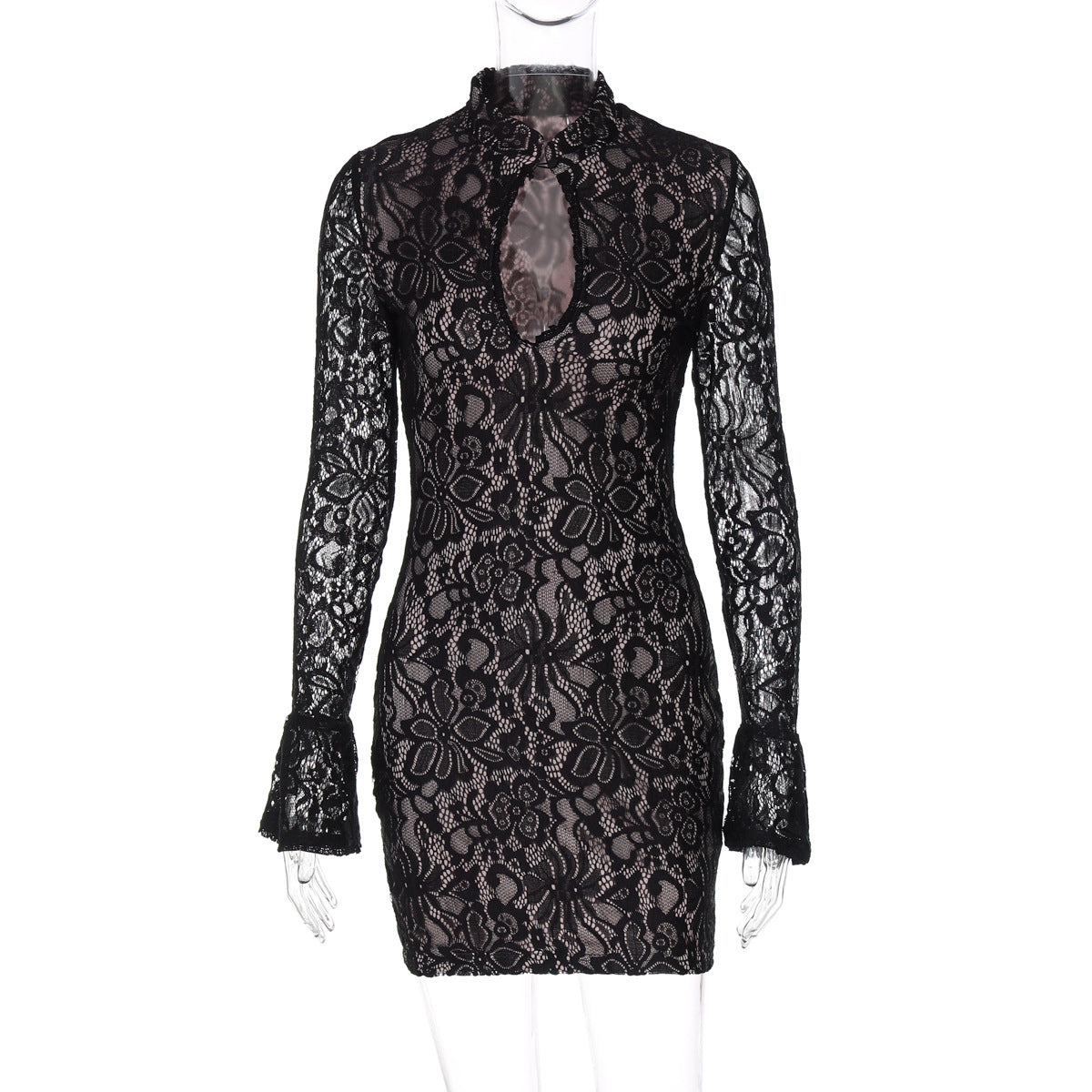 Lace Cutout Dress With High Waist And Button Details Midi Length