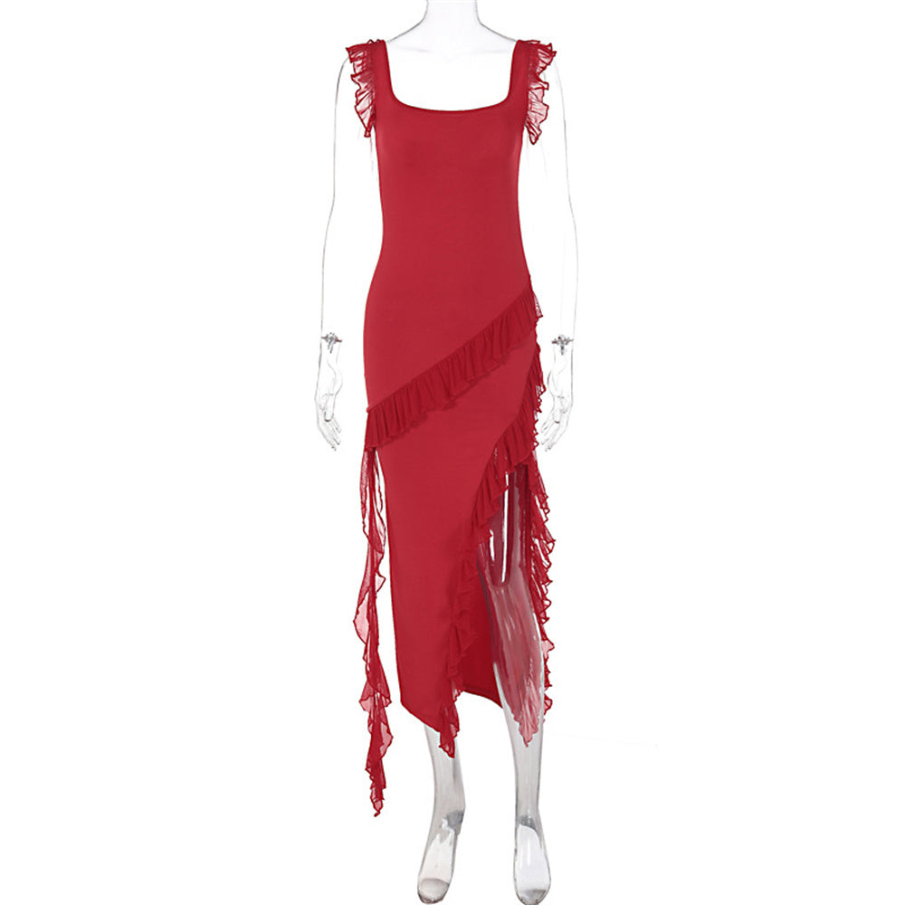 Ruffle Thigh High Split Suspender Dress With Spaghetti Straps