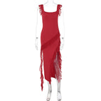 Ruffle Thigh High Split Suspender Dress With Spaghetti Straps