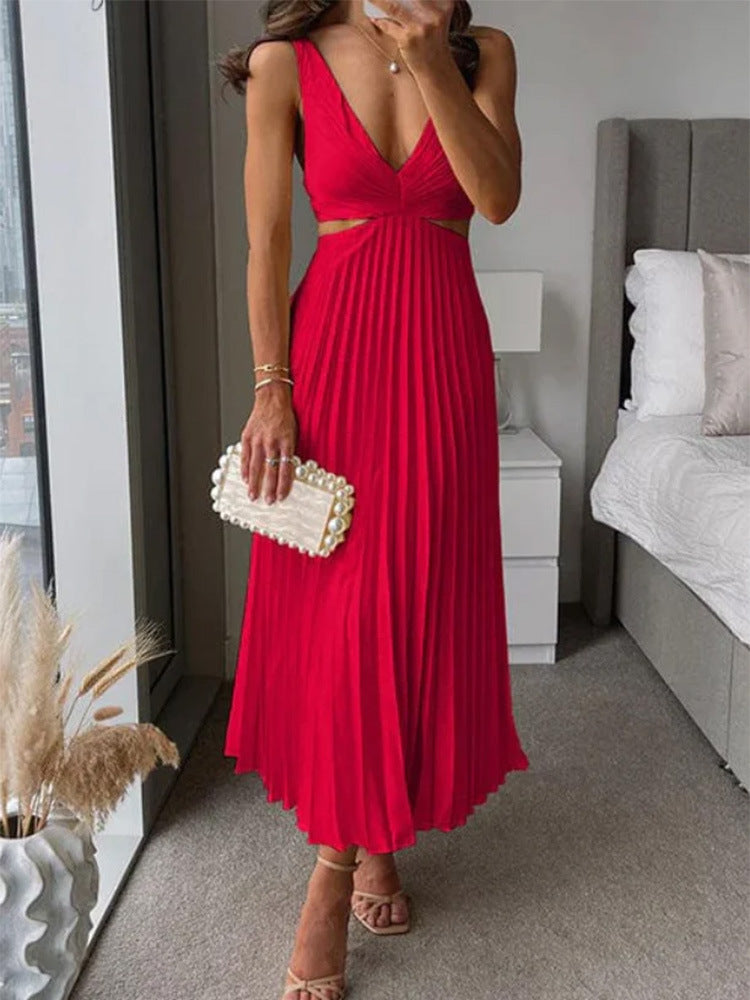 Women's V-Neck Backless Pleated Long Dress - Hollow Waist Design