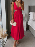 Women's V-Neck Backless Pleated Long Dress - Hollow Waist Design