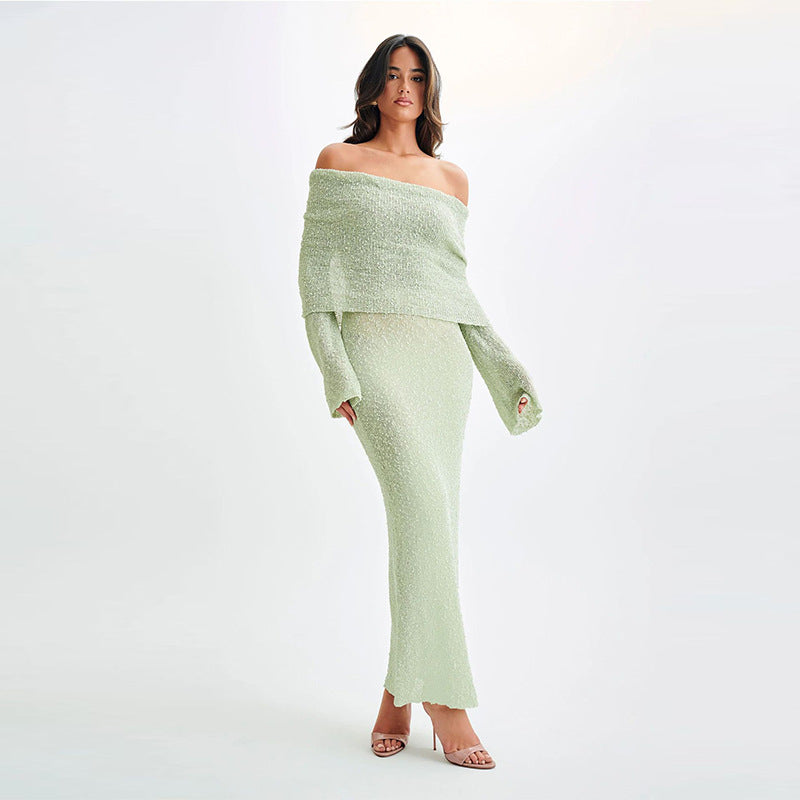 One-Shoulder Knitted Long-Sleeve Cotton Maxi Dress