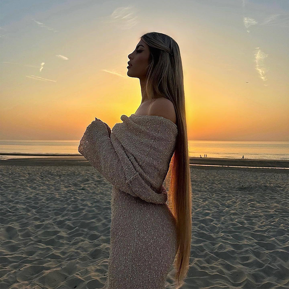 One-Shoulder Knitted Long-Sleeve Cotton Maxi Dress