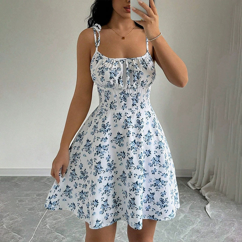 Floral Print Dress Summer Sweet A- Line Waist Trimming Dresses
