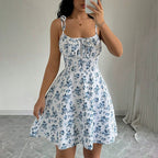 Floral Print Dress Summer Sweet A- Line Waist Trimming Dresses