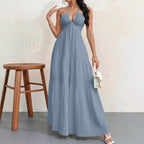 Backless Halter Neck A-Line Maxi Dress With Pleated Skirt For Beach Vacation