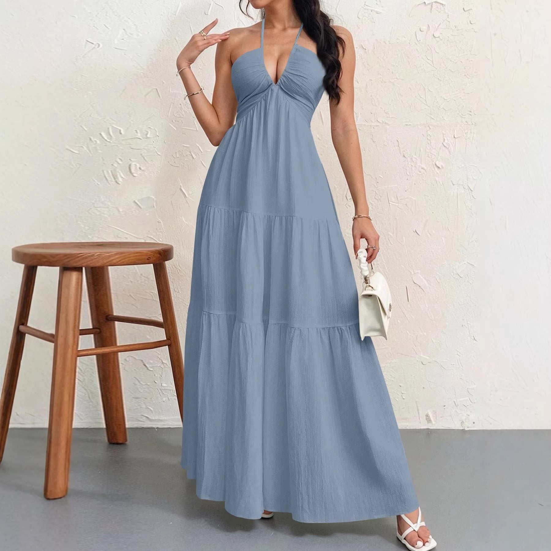 Backless Halter Neck A-Line Maxi Dress With Pleated Skirt For Beach Vacation