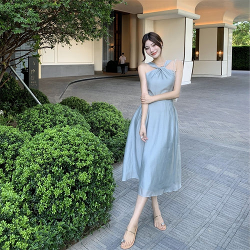 Blue Halter-neck Dress With High Waist Midi