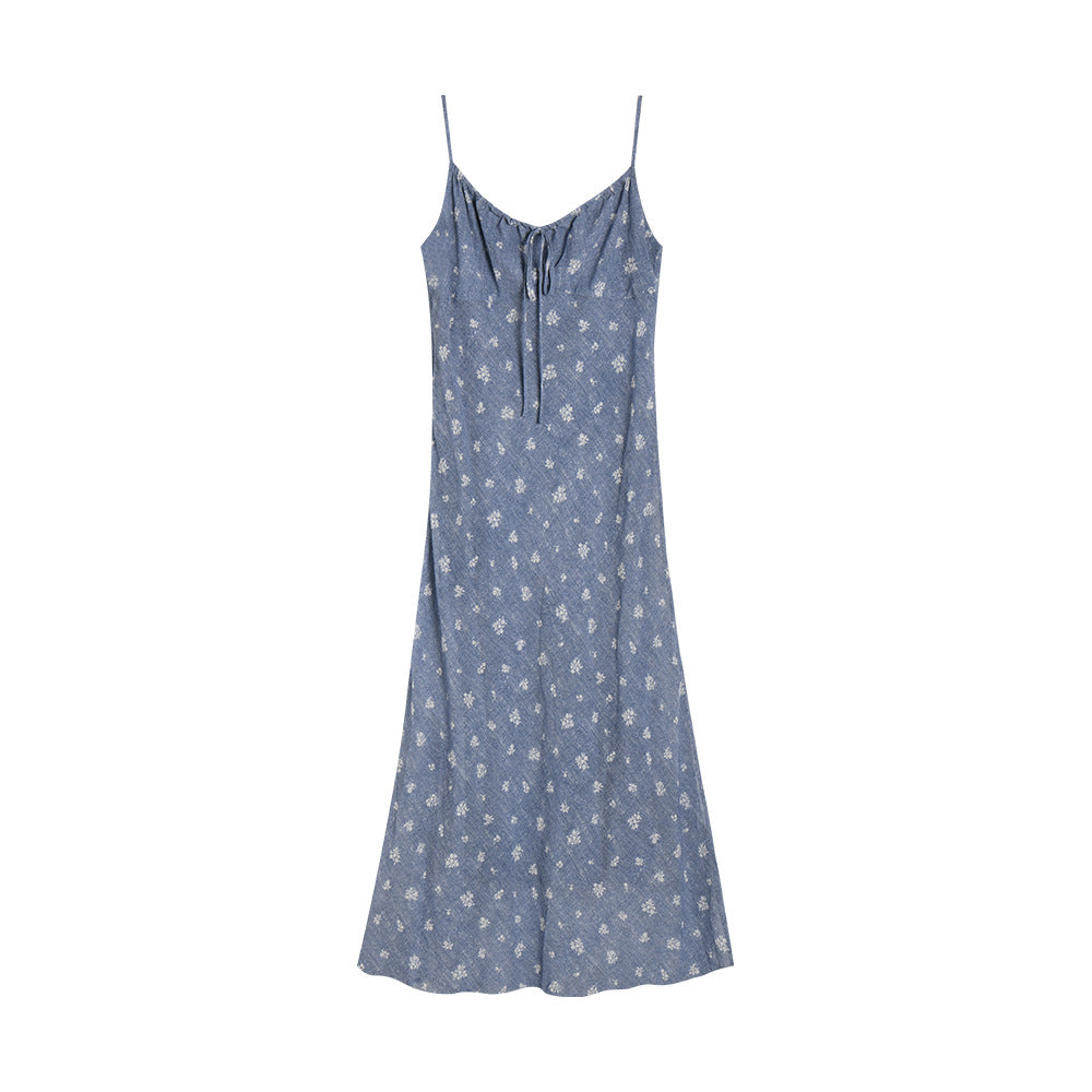 Spaghetti Strap Floral Print Dress In Gray And Blue With Long A Line