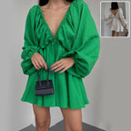 V Neck Lantern Sleeve Dress With Pleated Skirt