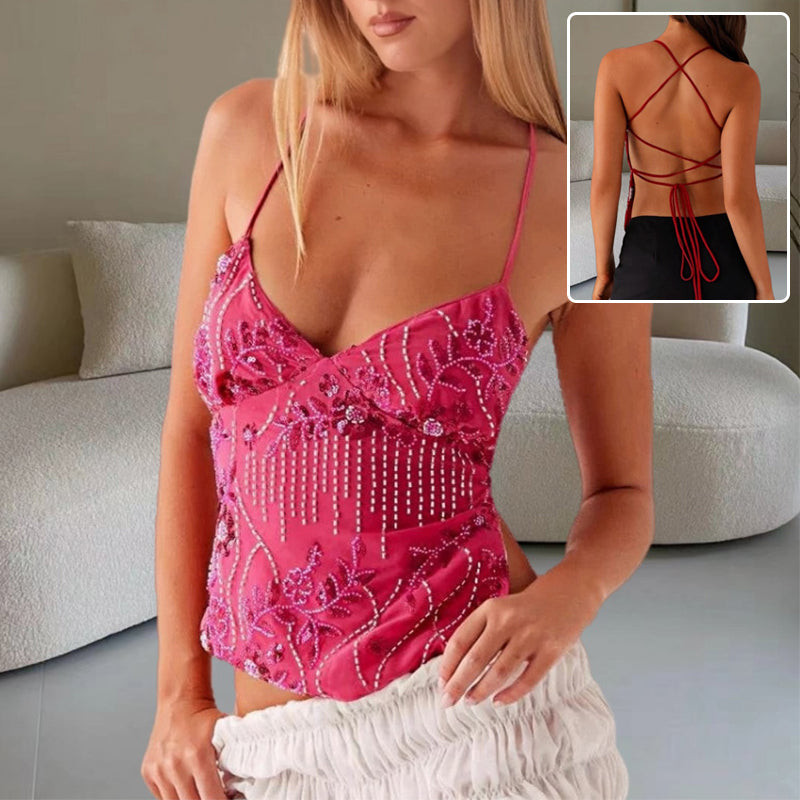 Floral Beaded Bandeau Top With Backless V Neck