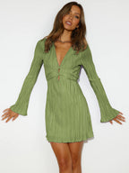 Women's V-Neck Lace-up A-Line Dress with Flared Long Sleeves