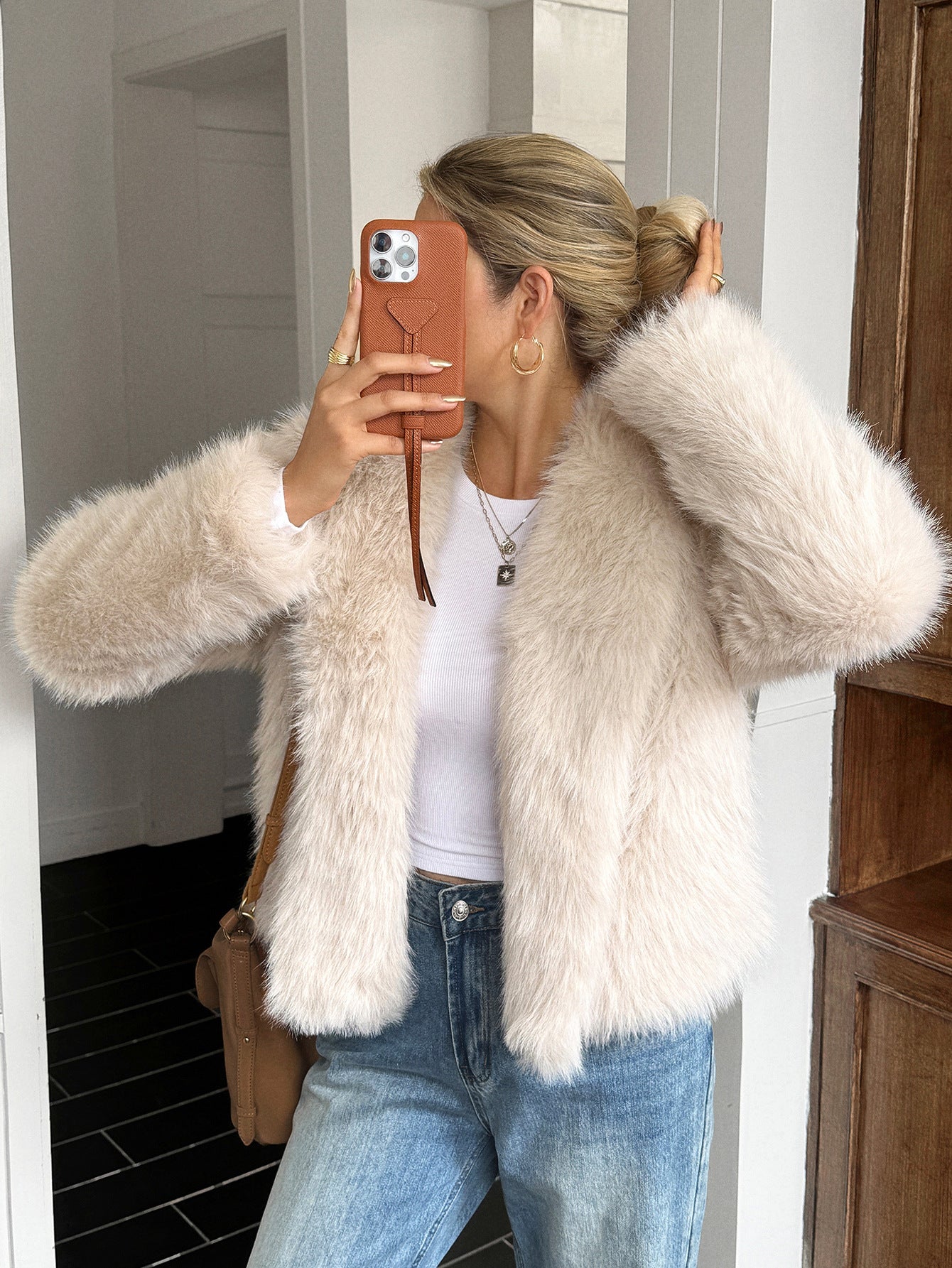 Cozy Plush Fleece Coat With Fur Collar Relaxed Casual Fit