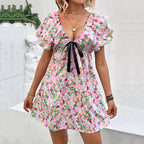 Pink Printed Dress For Women With Lace Up Detail High Waist Mini Ruffle Sleeves