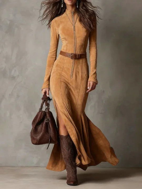 Cowboy Fashion Retro Slim Zipper Elegant Split Long-sleeved Dress