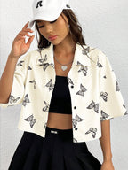 Butterfly Print Loose Shirt for Casual Chic in White and Blue