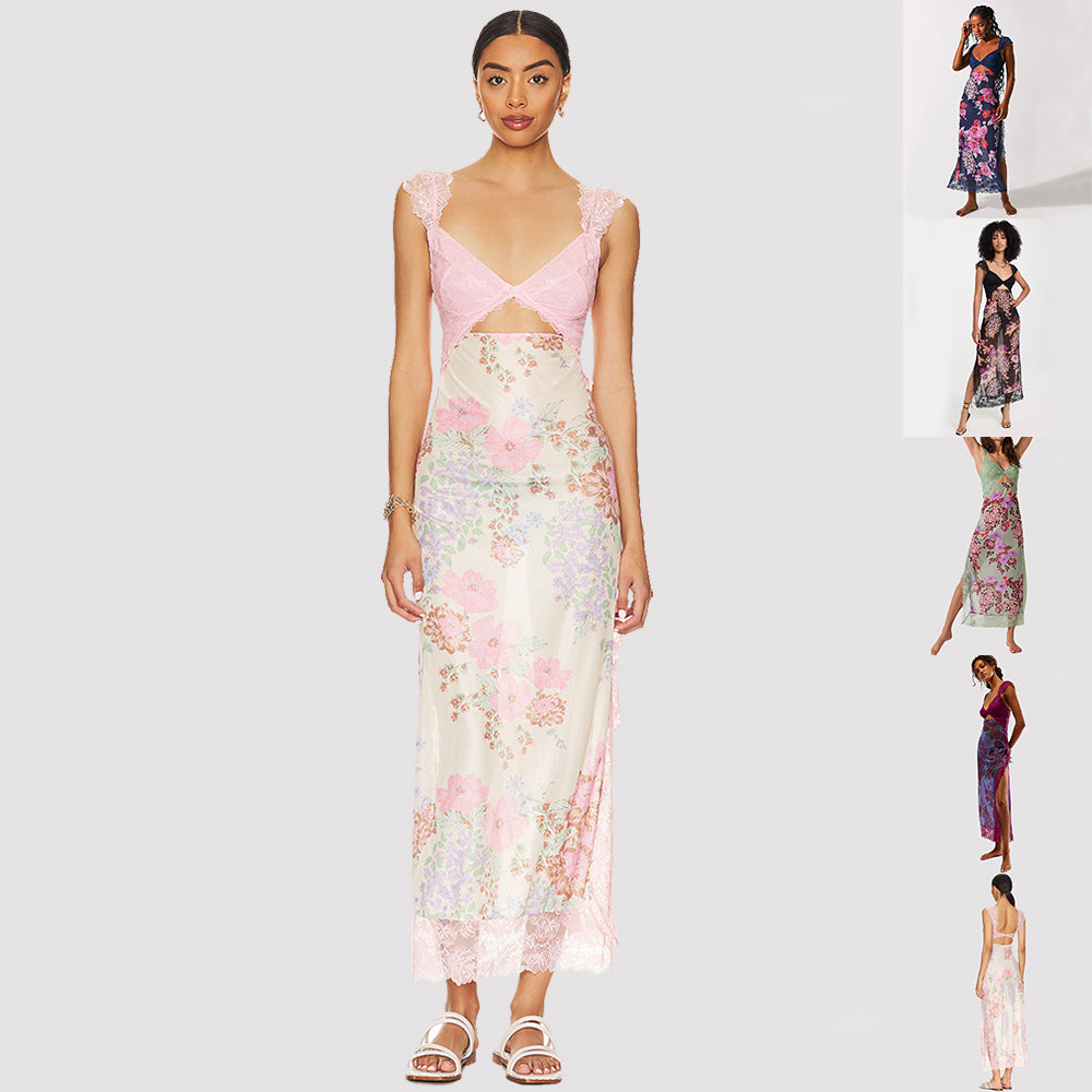 Women's V-Neck Lace Floral Print Midi Dress