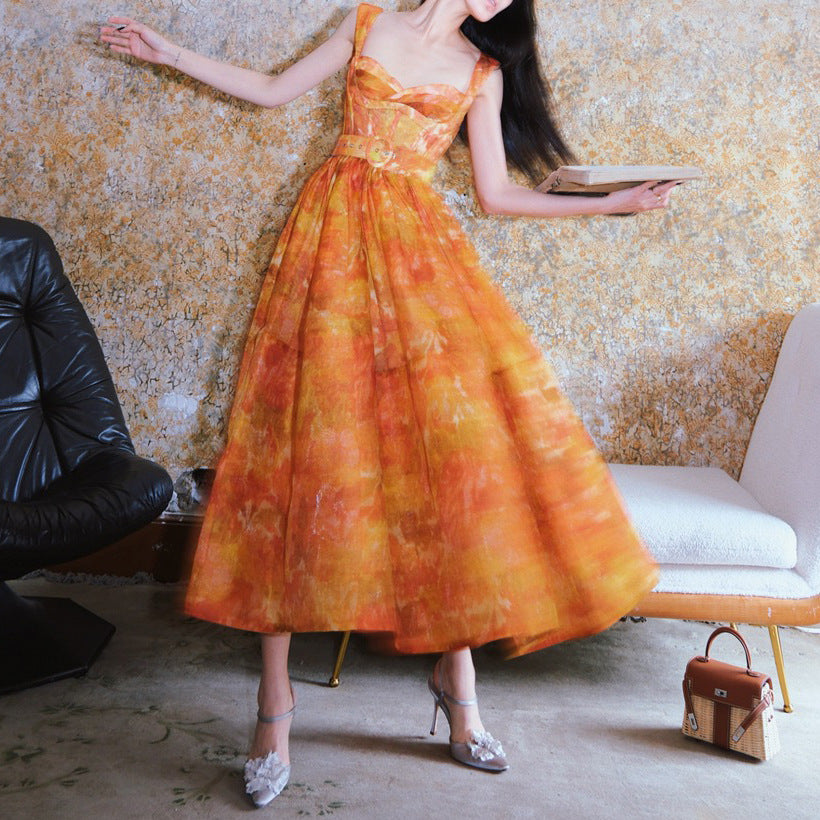 Orange Retro Print Slip Dress With High Waist Silhouette