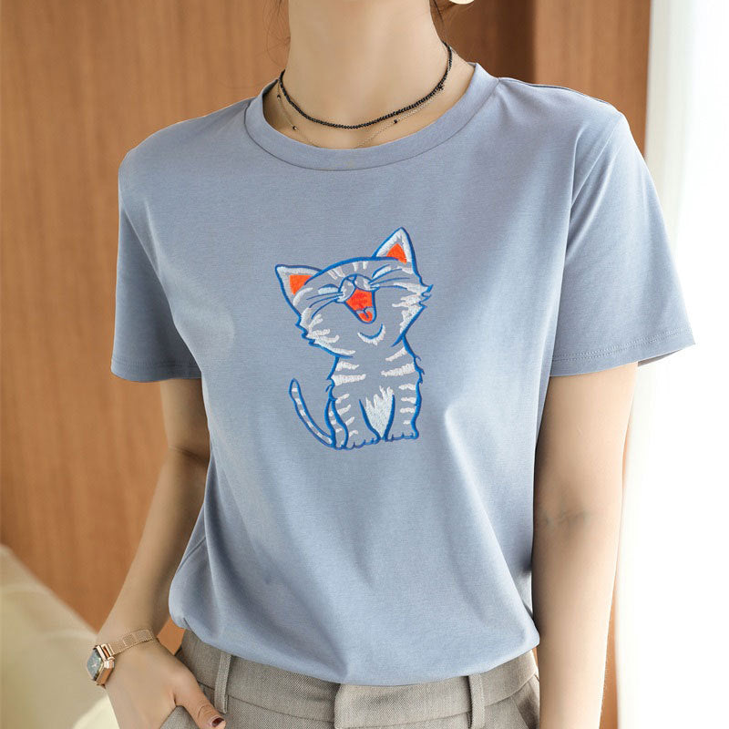 Cozy Cotton Animal Print Short Sleeve Top Lightweight Knitted
