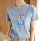Cozy Cotton Animal Print Short Sleeve Top Lightweight Knitted