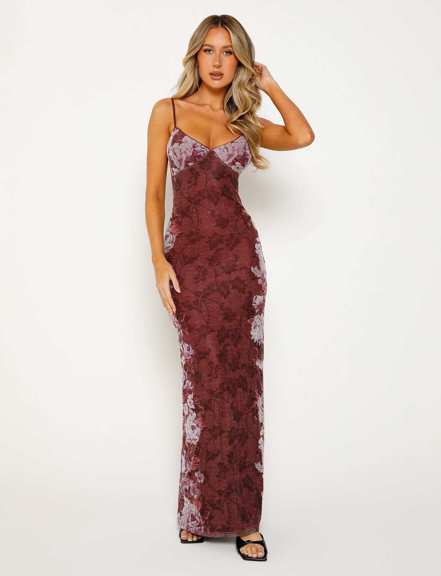 Y2K Slim Floral Print Slip Dress  Maxi