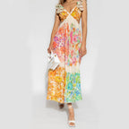 V-neck Ruffle Romantic French-Style Flowers Print Bow-knot Backless