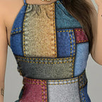 Denim Pattern Halter Backless Mini Dress Sleeveless Bodycon Style
