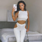 Sporty Two Piece Cutout Tank Top and Trousers Tracksuit in Milk Silk White Edition