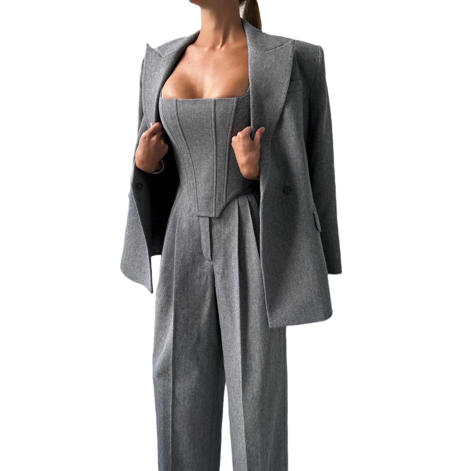 Crisp Fishbone Suit For Women Street Hipster Woven Cotton