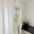Malt Green Floral Chiffon Dress With Spaghetti Straps Flounced Midi Skirt Retro Art Vibe
