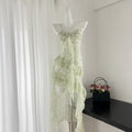 Malt Green Floral Chiffon Dress With Spaghetti Straps Flounced Midi Skirt Retro Art Vibe