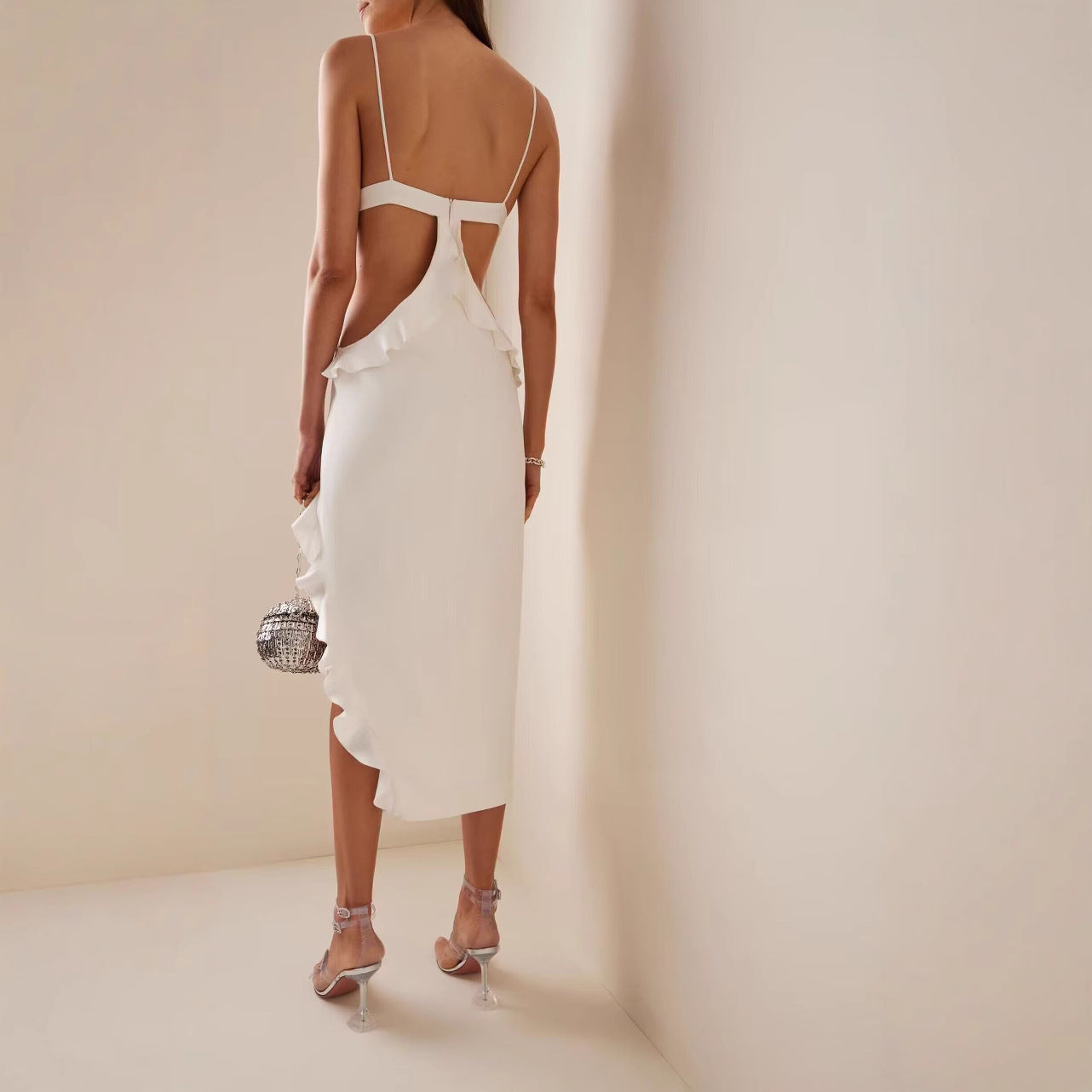 White Backless Lace Dress With Asymmetric Hem