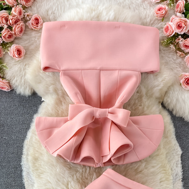 Flirty Two Piece Ruffled Short Top And Skirt Set