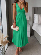 Women's V-Neck Backless Pleated Long Dress - Hollow Waist Design
