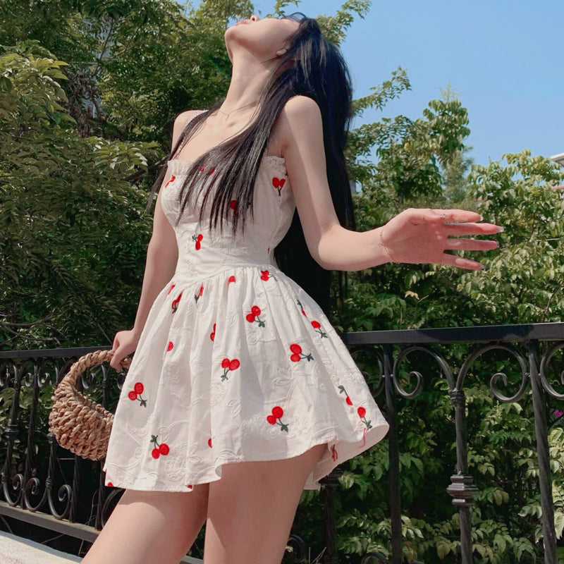 Cherry Print Strap Dress With Cute Silhouette