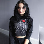 Black Cotton Top With Spider Web Heart Print For Edgy Streetwear Lovers