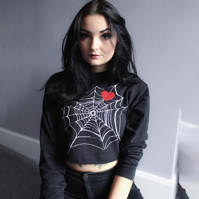 Black Cotton Top With Spider Web Heart Print For Edgy Streetwear Lovers
