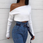 Ladies White Slanted Shoulder Long Sleeve Cotton Top