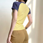 Contrasting Letter Print Raglan Top For Women In Cotton Knit Short Sleeve Style