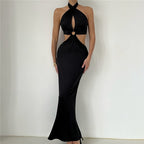 Chic Backless Patchwork Maxi Dress With Neck Straps