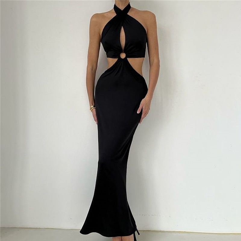 Chic Backless Patchwork Maxi Dress With Neck Straps