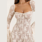 Lace Square Collar Bell-bottom Long Sleeve Tied A- Line Dress